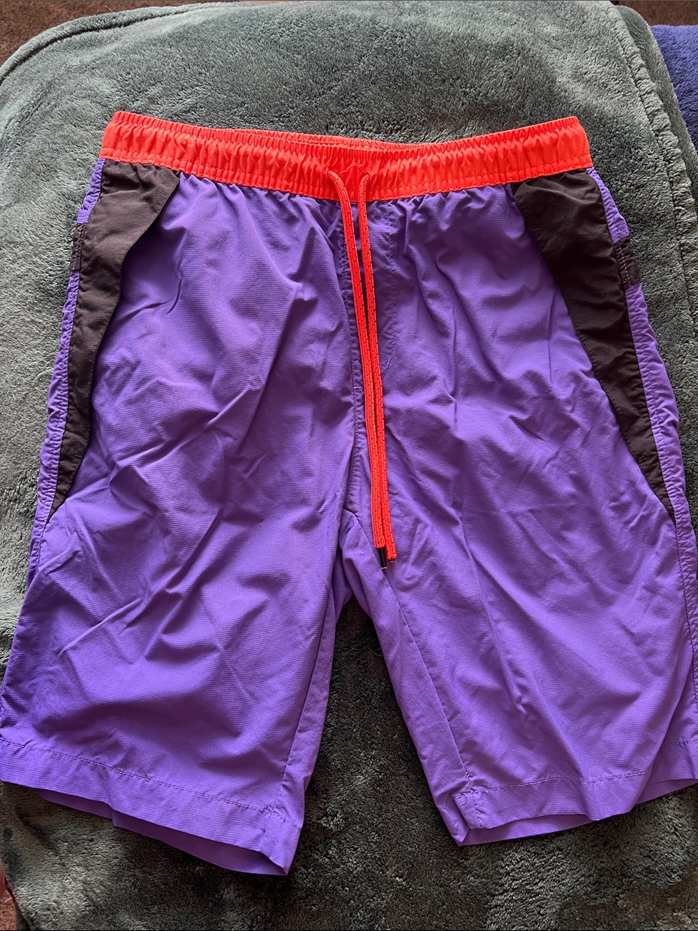 Men's Purple Swim Trunks with Orange Waistband and Black Side Panels